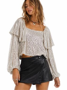 Free People Sequin Crop Top Silver Balloon Sleeve Party Boho Glam Sz Small